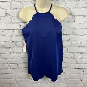 Hudson Gray Scalloped-Edge Navy Halter Tank Top Stretch Round Neckline S NWT